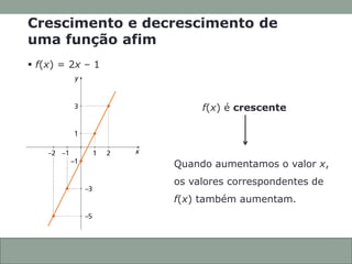 CONEXÕES COM
A MATEMÁTICA
ANOTAÇÕES EM AULA
Capítulo 3 – Função afim
f(x) é crescente
Quando aumentamos o valor x,
os valores correspondentes de
f(x) também aumentam.
3.15
Crescimento e decrescimento de
uma função afim
 f(x) = 2x – 1
 