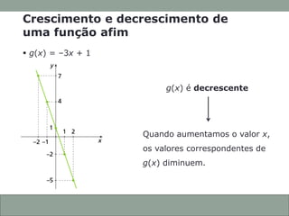 CONEXÕES COM
A MATEMÁTICA
ANOTAÇÕES EM AULA
Capítulo 3 – Função afim
g(x) é decrescente
Quando aumentamos o valor x,
os valores correspondentes de
g(x) diminuem.
3.16
 g(x) = –3x + 1
Crescimento e decrescimento de
uma função afim
 