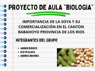 PROYECTO DE AULA “BIOLOGIA”
Integrantes del Grupo
Jannin Burgos
Elkyn Alava
Andres Briones
IMPORTANCIA DE LA SOYA Y SU
COMERCIALIZACIÓN EN EL CANTON
BABAHOYO PROVINCIA DE LOS RIOS
 