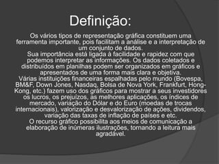 Definição:
Os vários tipos de representação gráfica constituem uma
ferramenta importante, pois facilitam a análise e a interpretação de
um conjunto de dados.
Sua importância está ligada à facilidade e rapidez com que
podemos interpretar as informações. Os dados coletados e
distribuídos em planilhas podem ser organizados em gráficos e
apresentados de uma forma mais clara e objetiva.
Várias instituições financeiras espalhadas pelo mundo (Bovespa,
BM&F, Down Jones, Nasdaq, Bolsa de Nova York, Frankfurt, Hong-
Kong, etc.) fazem uso dos gráficos para mostrar a seus investidores
os lucros, os prejuízos, as melhores aplicações, os índices de
mercado, variação do Dólar e do Euro (moedas de trocas
internacionais), valorização e desvalorização de ações, dividendos,
variação das taxas de inflação de países e etc.
O recurso gráfico possibilita aos meios de comunicação a
elaboração de inúmeras ilustrações, tornando a leitura mais
agradável.
 