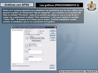 Gráficas con SPSS
Ilych Antonio Ramos Guardado | Mayo de 2013.
Ahora en la ventana siguiente voy a establecer los parámetros que se van a utilizar para
generar la gráfica. En donde dice “Eje de categorías” voy a insertar con el puntero del
ratón la variable “Provincia”, pues es la variable que deseo se vea en el eje de las Y.
Luego voy a seleccionar la opción “Otro estadístico” y ahí voy a insertar la variable
“Censo 1991”. Si quisiera en el botón que se activa “Cambiar estadístico” podría
cambiar el estadístico que se va a presentar en la gráfica.
Las gráficas (PROCEDIMIENTO 2)
 