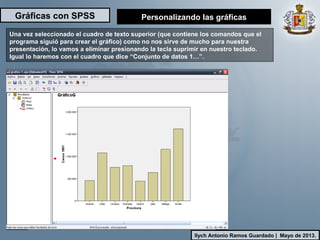 Gráficas con SPSS
Ilych Antonio Ramos Guardado | Mayo de 2013.
Una vez seleccionado el cuadro de texto superior (que contiene los comandos que el
programa siguió para crear el gráfico) como no nos sirve de mucho para nuestra
presentación, lo vamos a eliminar presionando la tecla suprimir en nuestro teclado.
Igual lo haremos con el cuadro que dice “Conjunto de datos 1…”.
Personalizando las gráficas
 