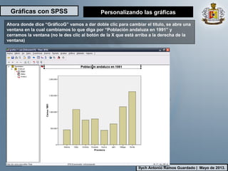 Gráficas con SPSS
Ilych Antonio Ramos Guardado | Mayo de 2013.
Ahora donde dice “GráficoG” vamos a dar doble clic para cambiar el título, se abre una
ventana en la cual cambiamos lo que diga por “Población andaluza en 1991” y
cerramos la ventana (no le des clic al botón de la X que está arriba a la derecha de la
ventana)
Personalizando las gráficas
 