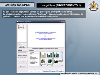 Gráficas con SPSS
Ilych Antonio Ramos Guardado | Mayo de 2013.
Ya con los datos capturados vemos los pasos para crear gráficas en SPSS.
En el visor de datos, vamos al menú “Gráficos” y escogemos la opción “Generador de
gráficos…” lo cual nos abre una ventana como la siguiente:
Las gráficas (PROCEDIMIENTO 1)
 