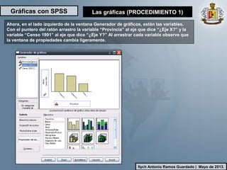 Gráficas con SPSS
Ilych Antonio Ramos Guardado | Mayo de 2013.
Ahora, en el lado izquierdo de la ventana Generador de gráficos, están las variables.
Con el puntero del ratón arrastro la variable “Provincia” al eje que dice “¿Eje X?” y la
variable “Censo 1991” al eje que dice “¿Eje Y?” Al arrastrar cada variable observe que
la ventana de propiedades cambia ligeramente.
Las gráficas (PROCEDIMIENTO 1)
 