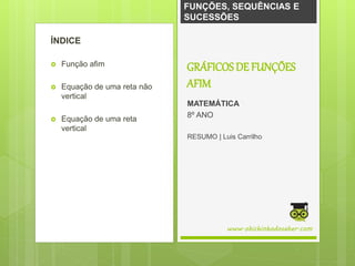 FUNÇÕES, SEQUÊNCIAS E
SUCESSÕES
ÍNDICE
 Função afim
 Equação de uma reta não
vertical
 Equação de uma reta
vertical
www.obichinhodosaber.com
GRÁFICOSDE FUNÇÕES
AFIM
MATEMÁTICA
8º ANO
RESUMO | Luis Carrilho
 