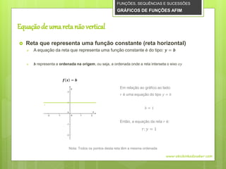 Equaçãode uma reta não vertical
 Reta que representa uma função constante (reta horizontal)
 A equação da reta que representa uma função constante é do tipo: 𝒚 = 𝒃
 𝒃 representa a ordenada na origem, ou seja, a ordenada onde a reta interseta o eixo 𝑜𝑦
FUNÇÕES, SEQUÊNCIAS E SUCESSÕES
GRÁFICOS DE FUNÇÕES AFIM
www.obichinhodosaber.com
𝒇 𝒙 = 𝒃
Em relação ao gráfico ao lado:
𝑟 é uma equação do tipo 𝑦 = 𝑏
𝑏 = 1
Então, a equação da reta 𝑟 é:
𝑟: 𝑦 = 1
Nota: Todos os pontos desta reta têm a mesma ordenada
 