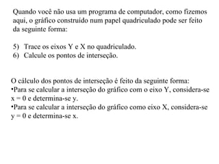 Quando você não usa um programa de computador, como fizemos aqui, o gráfico construído num papel quadriculado pode ser feito da seguinte forma: Trace os eixos Y e X no quadriculado. Calcule os pontos de interseção. O cálculo dos pontos de interseção é feito da seguinte forma: Para se calcular a interseção do gráfico com o eixo Y, considera-se x = 0 e determina-se y. Para se calcular a interseção do gráfico como eixo X, considera-se y = 0 e determina-se x. 