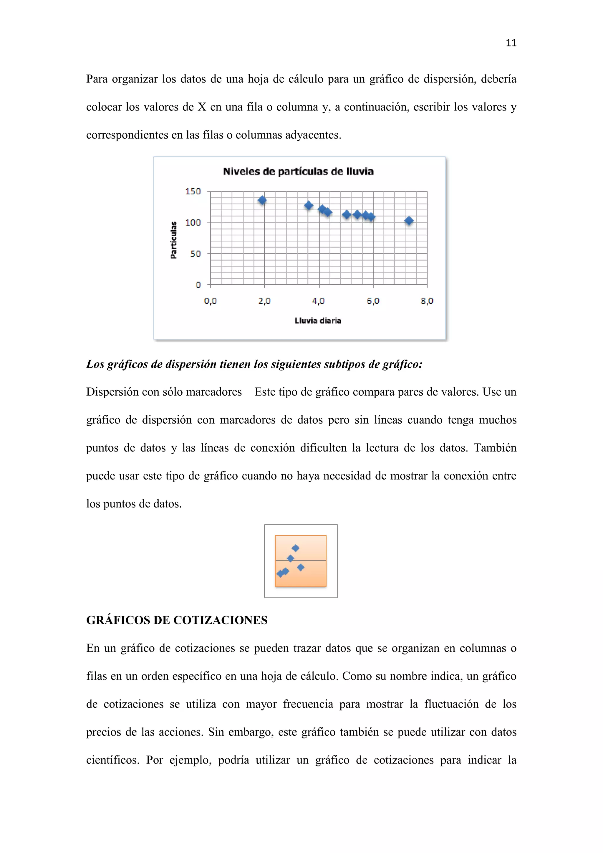 11 
Para organizar los datos de una hoja de cálculo para un gráfico de dispersión, debería 
colocar los valores de X en una fila o columna y, a continuación, escribir los valores y 
correspondientes en las filas o columnas adyacentes. 
Los gráficos de dispersión tienen los siguientes subtipos de gráfico: 
Dispersión con sólo marcadores Este tipo de gráfico compara pares de valores. Use un 
gráfico de dispersión con marcadores de datos pero sin líneas cuando tenga muchos 
puntos de datos y las líneas de conexión dificulten la lectura de los datos. También 
puede usar este tipo de gráfico cuando no haya necesidad de mostrar la conexión entre 
los puntos de datos. 
GRÁFICOS DE COTIZACIONES 
En un gráfico de cotizaciones se pueden trazar datos que se organizan en columnas o 
filas en un orden específico en una hoja de cálculo. Como su nombre indica, un gráfico 
de cotizaciones se utiliza con mayor frecuencia para mostrar la fluctuación de los 
precios de las acciones. Sin embargo, este gráfico también se puede utilizar con datos 
científicos. Por ejemplo, podría utilizar un gráfico de cotizaciones para indicar la 
 