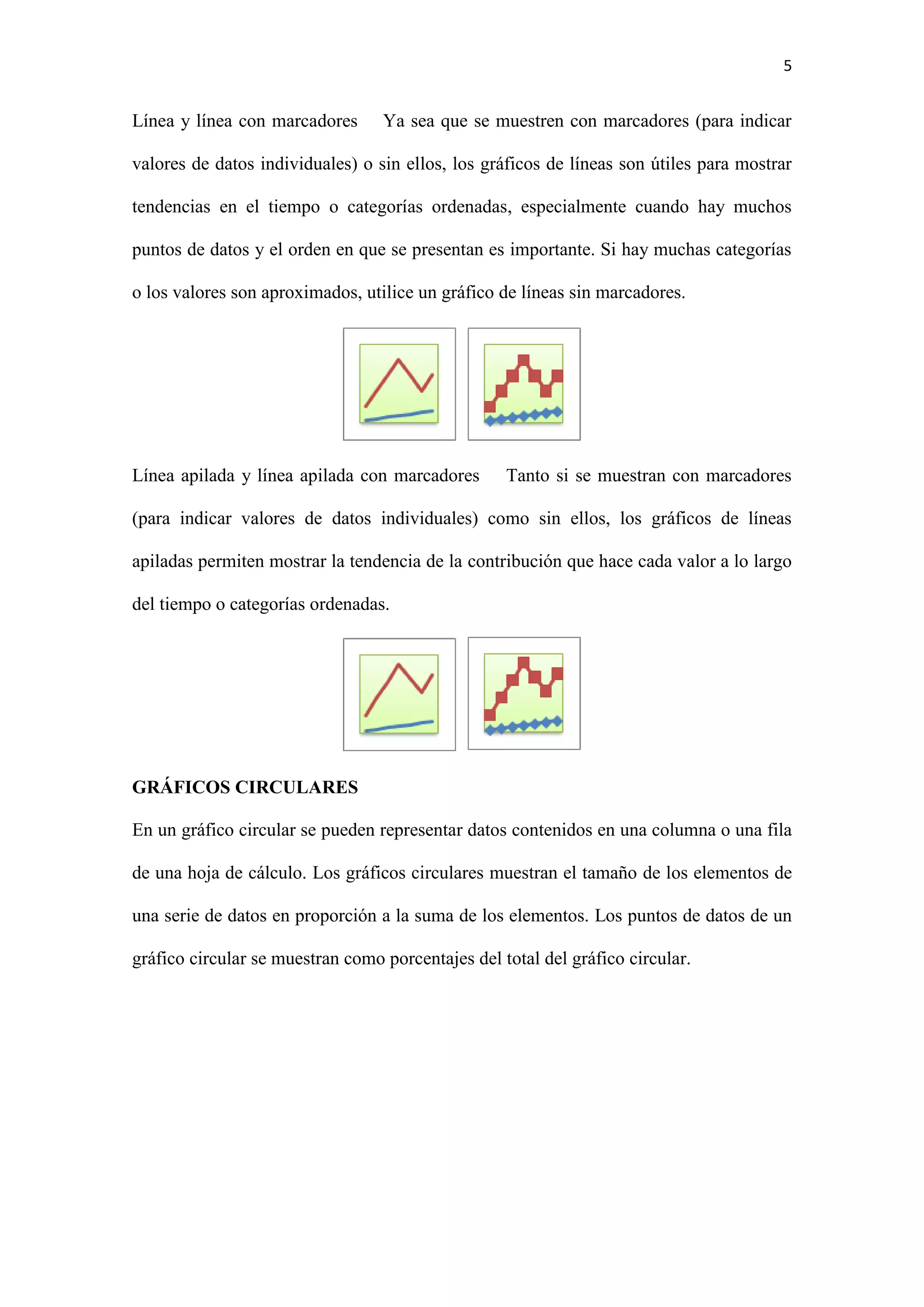 5 
Línea y línea con marcadores Ya sea que se muestren con marcadores (para indicar 
valores de datos individuales) o sin ellos, los gráficos de líneas son útiles para mostrar 
tendencias en el tiempo o categorías ordenadas, especialmente cuando hay muchos 
puntos de datos y el orden en que se presentan es importante. Si hay muchas categorías 
o los valores son aproximados, utilice un gráfico de líneas sin marcadores. 
Línea apilada y línea apilada con marcadores Tanto si se muestran con marcadores 
(para indicar valores de datos individuales) como sin ellos, los gráficos de líneas 
apiladas permiten mostrar la tendencia de la contribución que hace cada valor a lo largo 
del tiempo o categorías ordenadas. 
GRÁFICOS CIRCULARES 
En un gráfico circular se pueden representar datos contenidos en una columna o una fila 
de una hoja de cálculo. Los gráficos circulares muestran el tamaño de los elementos de 
una serie de datos en proporción a la suma de los elementos. Los puntos de datos de un 
gráfico circular se muestran como porcentajes del total del gráfico circular. 
 