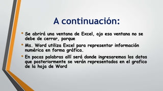 A continuación:
• Se abrirá una ventana de Excel, ojo esa ventana no se
debe de cerrar, porque
• Ms. Word utiliza Excel para representar información
numérica en forma gráfica.
• En pocas palabras allí será donde ingresaremos los datos
que posteriormente se verán representados en el grafico
de la hoja de Word
 