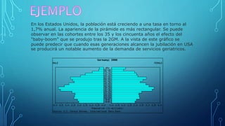 En los Estados Unidos, la población está creciendo a una tasa en torno al
1,7% anual. La apariencia de la pirámide es más rectangular. Se puede
observar en las cohortes entre los 35 y los cincuenta años el efecto del
"baby-boom" que se produjo tras la 2GM. A la vista de este gráfico se
puede predecir que cuando esas generaciones alcancen la jubilación en USA
se producirá un notable aumento de la demanda de servicios geriatricos.
 