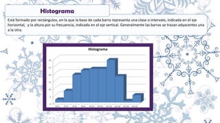 Está formado por rectángulos, en la que la base de cada barra representa una clase o intervalo, indicada en el eje
horizontal, y la altura por su frecuencia, indicada en el eje vertical. Generalmente las barras se trazan adyacentes una
a la otra.
Histograma
 