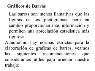 Gráficos de Barras
Las barras son menos llamativas que las
figuras de los pictogramas, pero en
cambio proporcionan más información y
permiten una apreciación estadística más
rigurosa.
Aunque no hay normas estrictas para la
elaboración de gráficas de barras, veamos
las siguientes recomendaciones que
consideramos útiles para orientar nuestro
trabajo:
 
