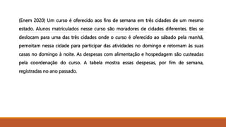 (Enem 2020) Um curso é oferecido aos fins de semana em três cidades de um mesmo
estado. Alunos matriculados nesse curso são moradores de cidades diferentes. Eles se
deslocam para uma das três cidades onde o curso é oferecido ao sábado pela manhã,
pernoitam nessa cidade para participar das atividades no domingo e retornam às suas
casas no domingo à noite. As despesas com alimentação e hospedagem são custeadas
pela coordenação do curso. A tabela mostra essas despesas, por fim de semana,
registradas no ano passado.
 