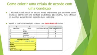 Como colorir uma célula de acordo com
uma condição
 O Microsoft Excel possui um recurso muito interessante que possibilita colorir
células de acordo com uma condição estabelecida pelo usuário, muito utilizado
em planilhas que contenham bastante dados e cálculos;
 Iremos utilizar como exemplo a tabela com dados fictícios abaixo:
 