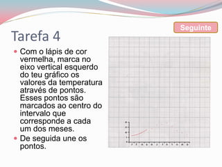 Seguinte
Tarefa 4
 Com o lápis de cor
  vermelha, marca no
  eixo vertical esquerdo
  do teu gráfico os
  valores da temperatura
  através de pontos.
  Esses pontos são
  marcados ao centro do
  intervalo que
  corresponde a cada
  um dos meses.
 De seguida une os
  pontos.
 