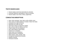 TRATO INADECUADO
 Falta de respeto a las formas elementales de urbanidad-
 Conductas repetitivas inapropiadas en casa en la escuela.
 Falta de respeto a las normas, límites y reglamentos.
CONDUCTAS DISRUPTIVAS
 Hacer ruidos corporales ( risas, toses, eructos, silbidos, ecos)
 Hacer ruidos con objetos (golpes en la butaca, mesas, tirar cosas)
 Levantarse de su lugar sin permiso
 Deambular por el salón de clase.
 Interrumpir la clase con pregunta sin sentido.
 Salir y entrar al salón de clases sin permiso.
 Proferir insultos con los compañeros.
 Decir malas palabras, frases soeces.
 Burlarse de un compañero
 Quitar cosas a sus compañeros
 Agredir levemente a compañeros
 Rayar butacas, mesas, paredes, sillas.
 No acatar las indicaciones del docente.
 Desafiar al docente.
 Amenazar al docente.
 
