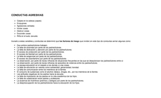 CONDUCTAS AGRESIVAS
 Golpes en la cabeza (zapes)
 Empujones
 Agresiones verbales
 Hurtar cosas
 Destruir cosas
 Esconder cosas
 Riña en el aula, escuela.
Aunado a estas variables y conductas se determinó que los factores de riesgo que inciden en este tipo de conductas serían algunas como:
 Que ambos padres/tutores trabajen.
 La falta de autoridad por parte de los padres/tutores.
 La falta de dedicación y atención por parte de los padres/tutores.
 El exceso de protección por parte de los padres/tutores.
 El exceso de libertad por parte de los padres/tutores.
 La falta de exigencias por parte de los padres/tutores.
 El exceso de autoritarismo por parte de los padres/tutores.
 La observación, por parte de los/as niños/as de situaciones frecuentes en las que se desautorizan los padres/tutores entre sí.
 La observación, por parte de los/as niños/as de episodios de violencia entre los padres/tutores.
 La escasa educación en el respeto a los demás y a las cosas.
 La falta de educación en valores como solidaridad, generosidad, bondad.
 La falta de comunicación entre los miembros de la familia.
 El consumo de sustancias como el alcohol, tabaco, drogas, etc., por los miembros de la familia.
 Las actitudes negativas de los padres hacia la escuela.
 La falta de implicación de los padres en la vida académica de los hijos.
 La falta de colaboración entre padres y profesores.
 La ausencia de incentivos (premios y castigos) por parte de los padres/tutores.
 La despreocupación de los padres/tutores hacia la educación de los hijos.
 