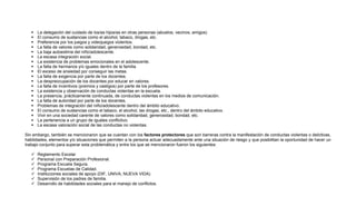  La delegación del cuidado de los/as hijos/as en otras personas (abuelos, vecinos, amigos)
 El consumo de sustancias como el alcohol, tabaco, drogas, etc.
 Preferencia por los juegos y videojuegos violentos.
 La falta de valores como solidaridad, generosidad, bondad, etc.
 La baja autoestima del niño/adolescente.
 La escasa integración social.
 La existencia de problemas emocionales en el adolescente.
 La falta de hermanos y/o iguales dentro de la familia.
 El exceso de ansiedad por conseguir las metas.
 La falta de exigencia por parte de los docentes.
 La despreocupación de los docentes por educar en valores.
 La falta de incentivos (premios y castigos) por parte de los profesores.
 La existencia y observación de conductas violentas en la escuela.
 La presencia, prácticamente continuada, de conductas violentas en los medios de comunicación.
 La falta de autoridad por parte de los docentes.
 Problemas de integración del niño/adolescente dentro del ámbito educativo.
 El consumo de sustancias como el tabaco, el alcohol, las drogas, etc., dentro del ámbito educativo.
 Vivir en una sociedad carente de valores como solidaridad, generosidad, bondad, etc.
 La pertenencia a un grupo de iguales conflictivo.
 La escasa valoración social de las conductas no violentas.
Sin embargo, también se mencionaron que se cuentan con los factores protectores que son barreras contra la manifestación de conductas violentas o delictivas,
habilidades, elementos y/o situaciones que permiten a la persona actuar adecuadamente ante una situación de riesgo y que posibilitan la oportunidad de hacer un
trabajo conjunto para superar esta problemática y entre los que se mencionaron fueron los siguientes:
 Reglamento Escolar
 Personal con Preparación Profesional.
 Programa Escuela Segura.
 Programa Escuelas de Calidad.
 Instituciones sociales de apoyo (DIF, UNIVA, NUEVA VIDA)
 Supervisión de los padres de familia.
 Desarrollo de habilidades sociales para el manejo de conflictos.
 