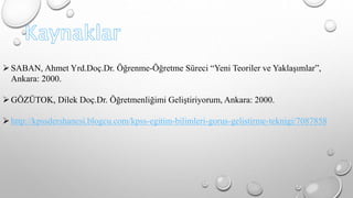 SABAN, Ahmet Yrd.Doç.Dr. Öğrenme-Öğretme Süreci “Yeni Teoriler ve Yaklaşımlar”, 
Ankara: 2000. 
GÖZÜTOK, Dilek Doç.Dr. Öğretmenliğimi Geliştiriyorum, Ankara: 2000. 
 http://kpssdershanesi.blogcu.com/kpss-egitim-bilimleri-gorus-gelistirme-teknigi/7087858 
