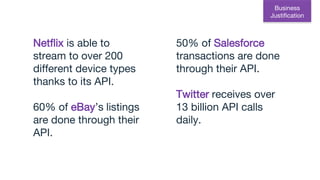 Netflix is able to
stream to over 200
different device types
thanks to its API.
60% of eBay’s listings
are done through their
API.
50% of Salesforce
transactions are done
through their API.
Twitter receives over
13 billion API calls
daily.
Business
Justification
 