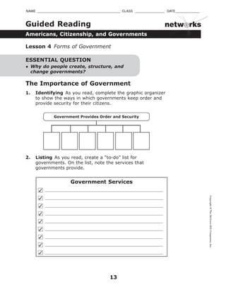 Guided Reading
NAME _____________________________________________ CLASS ________________ DATE_____________
Americans, Citizenship, and Governments
netw rks
Lesson 4 Forms of Government
ESSENTIAL QUESTION
• Why do people create, structure, and
change governments?
The Importance of Government
1. Identifying As you read, complete the graphic organizer
to show the ways in which governments keep order and
provide security for their citizens.
Government Provides Order and Security
2. Listing As you read, create a “to-do” list for
governments. On the list, note the services that
governments provide.
Government Services
✓
✓
✓
✓
✓
✓
✓
✓
✓
13
Copyright©TheMcGraw-HillCompanies,Inc.
 