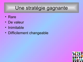 Une stratégie gagnante
• Rare
• De valeur
• Inimitable
• Difficilement changeable
 