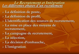 Le Recrutement et Intégration
Les différentes phases d’un recrutement
 La définition de poste,
 La définition de profil,
 L’identification des sources de recrutement,
 La mise en place des moyens de
recrutement,
 La campagne de recrutement,
 La sélection,
 La décision d’embauche,
 L’intégration
 