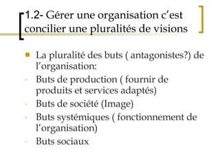 1.2-  Gérer une organisation c’est concilier une pluralités de visions La pluralité des buts ( antagonistes?) de l’organisation: Buts de production ( fournir de produits et services adaptés) Buts de société (Image) Buts systémiques ( fonctionnement de l’organisation) Buts sociaux 