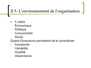 3.1-  L’environnement de l’organisation 4 volets Économique Politique Concurrentiel Social Quatre Dimensions permettent de le caractériser -  Complexité Variabilité Hostilité Dépendance 