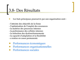 3.8- Des Résultats Les buts principaux poursuivis par une organisation sont :   - l’atteinte des objectifs de la firme - l’optimisation de l’emploi des ressources - la maîtrise des processus internes - la performance des cellules internes - la réduction des dysfonctionnements - la capacité d’adaptation et la flexibilité - a remise en cause permanente Performances économiques Performances organisationnelles Performances sociales 
