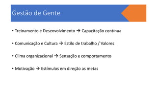 Gestão de Gente
• Treinamento e Desenvolvimento  Capacitação contínua
• Comunicação e Cultura  Estilo de trabalho / Valores
• Clima organizacional  Sensação e comportamento
• Motivação  Estímulos em direção as metas
 