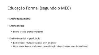 Educação Formal (segundo o MEC)
• Ensino fundamental
• Ensino médio
• Ensino técnico profissionalizante
• Ensino superior – graduação
• Bacharelado: Título profissional (de 4 a 6 anos)
• Licenciatura: Forma professores para educação básica (1 ano a mais de faculdade)
 