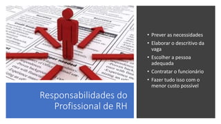 Responsabilidades do
Profissional de RH
• Prever as necessidades
• Elaborar o descritivo da
vaga
• Escolher a pessoa
adequada
• Contratar o funcionário
• Fazer tudo isso com o
menor custo possível
 