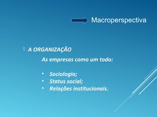  A ORGANIZAÇÃO
Macroperspectiva
As empresas como um todo:
• Sociologia;
• Status social;
• Relações institucionais.
 