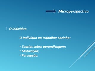  O indivíduo
Microperspectiva
O Indivíduo ao trabalhar sozinho:
• Teorias sobre aprendizagem;
• Motivação;
• Percepção.
 