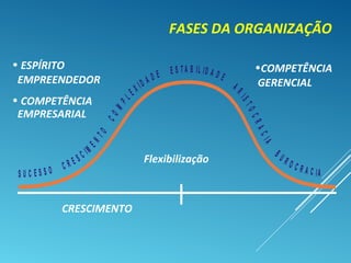 S U
T A
C E S S O C R E S
D
C
X I
I
E
M
E N
TO
OC
M
P L
A D E E S B IL ID A D E
A R
IS
A
T
I
O
C
C
AR
B U R O C R A C IA
• ESPÍRITO
EMPREENDEDOR
• COMPETÊNCIA
EMPRESARIAL
•COMPETÊNCIA
GERENCIAL
CRESCIMENTO
Flexibilização
FASES DA ORGANIZAÇÃO
 