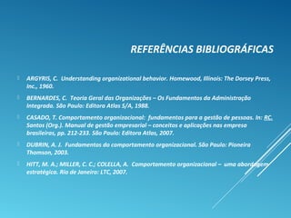 REFERÊNCIAS BIBLIOGRÁFICAS
 ARGYRIS, C. Understanding organizational behavior. Homewood, Illinois: The Dorsey Press,
Inc., 1960.
 BERNARDES, C. Teoria Geral das Organizações – Os Fundamentos da Administração
Integrada. São Paulo: Editora Atlas S/A, 1988.
 CASADO, T. Comportamento organizacional: fundamentos para a gestão de pessoas. In: RC.
Santos (Org.). Manual de gestão empresarial – conceitos e aplicações nas empresa
brasileiras, pp. 212-233. São Paulo: Editora Atlas, 2007.
 DUBRIN, A. J. Fundamentos do comportamento organizacional. São Paulo: Pioneira
Thomson, 2003.
 HITT, M. A.; MILLER, C. C.; COLELLA, A. Comportamento organizacional – uma abordagem
estratégica. Rio de Janeiro: LTC, 2007.
 