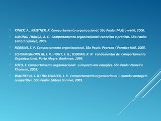  KINICK, A.; KREITNER, R. Comportamento organizacional. São Paulo: McGrow-Hill, 2006.
 LIMONGI-FRANÇA, A. C. Comportamento organizacional: conceitos e práticas. São Paulo:
Editora Saraiva, 2005.
 ROBBINS, S. P. Comportamento organizacional. São Paulo: Pearson / Prentice Hall, 2005.
 SCHERMERHORN JR, J. R.; HUNT, J. G.; OSBORN, R. N. Fundamentos de Comportamento
Organizacional. Porto Alegre: Bookman, 1999.
 SOTO, E. Comportamento organizacional: o impacto das emoções. São Paulo: Pioneira
Thomson, 2002.
 WAGNER III, J. A.; HOLLENBECK, J. R. Comportamento organizacional – criando vantagem
competitiva. São Paulo: Editora Saraiva, 2003.
 