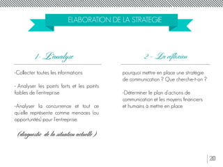 20
ELABORATION DE LA STRATEGIE
-Collecter toutes les informations
- Analyser les points forts et les points
faibles de l’entreprise
-Analyser la concurrence et tout ce
qu’elle représente comme menaces (ou
opportunités) pour l’entreprise.
(diagnostic de la situation actuelle )
1- L’analyse 2 – La réflexion
pourquoi mettre en place une stratégie
de communication ? Que cherche-t-on ?
-Déterminer le plan d’actions de
communication et les moyens financiers
et humains à mettre en place
 