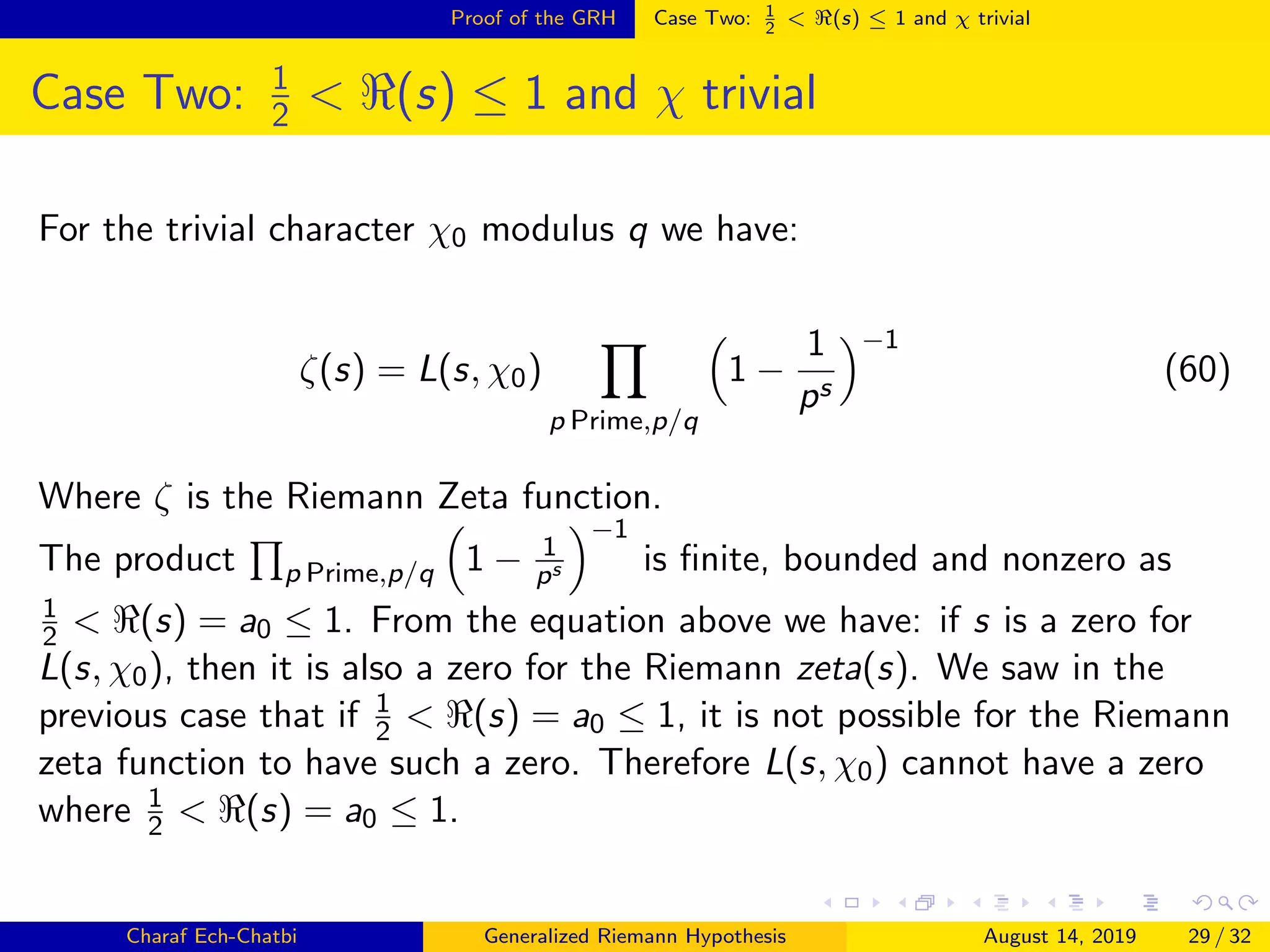 Proof of the GRH Case Two: 1
2
< (s) ≤ 1 and χ trivial
Case Two: 1
2 < (s) ≤ 1 and χ trivial
For the trivial character χ0 modulus q we have:
ζ(s) = L(s, χ0)
p Prime,p/q
1 −
1
ps
−1
(60)
Where ζ is the Riemann Zeta function.
The product p Prime,p/q 1 − 1
ps
−1
is ﬁnite, bounded and nonzero as
1
2 < (s) = a0 ≤ 1. From the equation above we have: if s is a zero for
L(s, χ0), then it is also a zero for the Riemann zeta(s). We saw in the
previous case that if 1
2 < (s) = a0 ≤ 1, it is not possible for the Riemann
zeta function to have such a zero. Therefore L(s, χ0) cannot have a zero
where 1
2 < (s) = a0 ≤ 1.
Charaf Ech-Chatbi Generalized Riemann Hypothesis August 14, 2019 29 / 32
 
