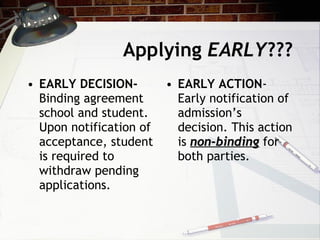 Applying  EARLY ??? EARLY DECISION-  Binding agreement school and student. Upon notification of acceptance, student is required to withdraw pending applications. EARLY ACTION -Early notification of admission’s decision. This action is  non-binding  for both parties. 
