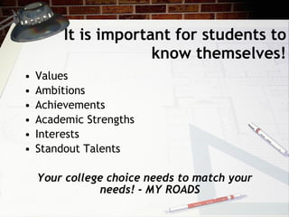 It is important for students to know themselves! Values Ambitions Achievements Academic Strengths Interests Standout Talents Your college choice needs to match your needs! - MY ROADS 