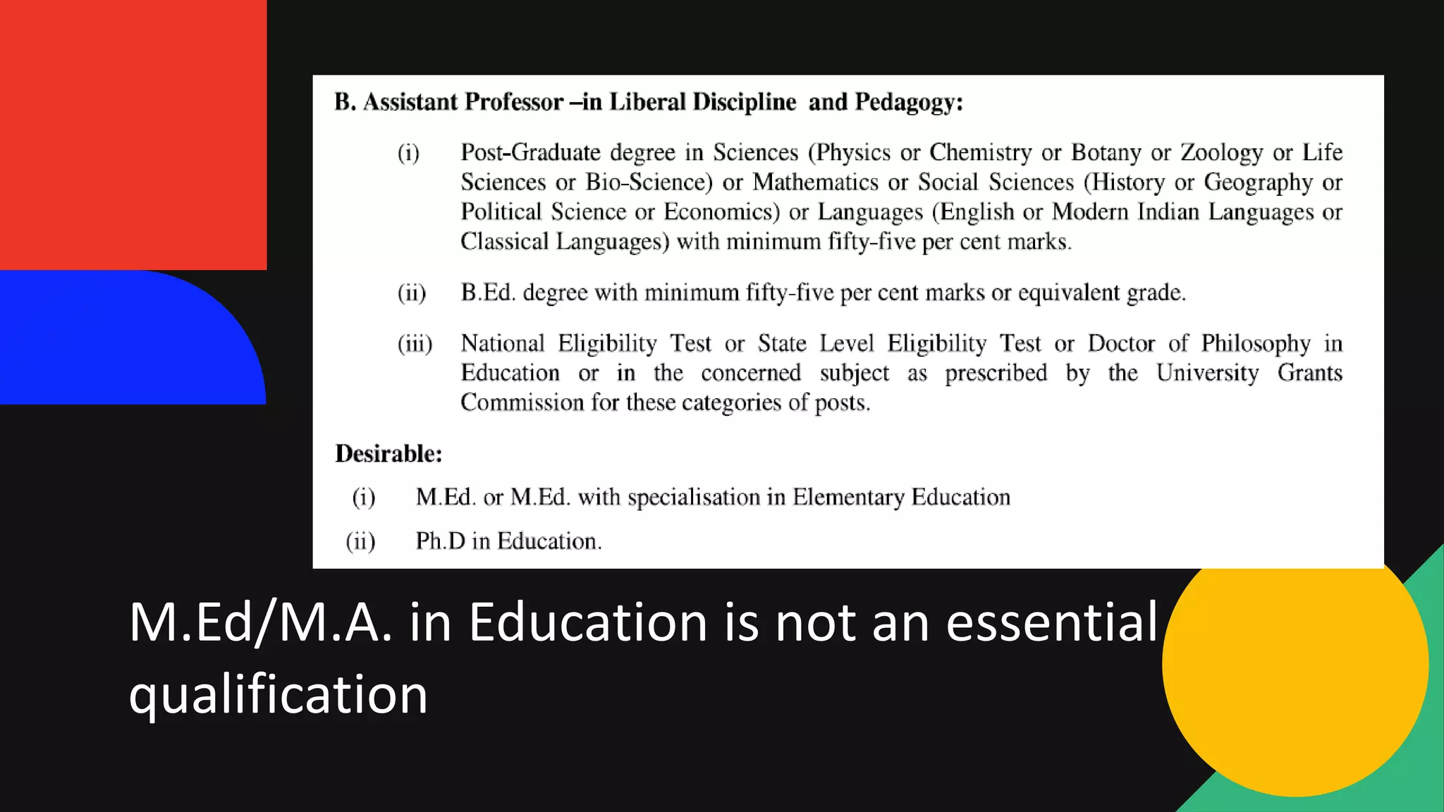 M.Ed/M.A. in Education is not an essential
qualification
 