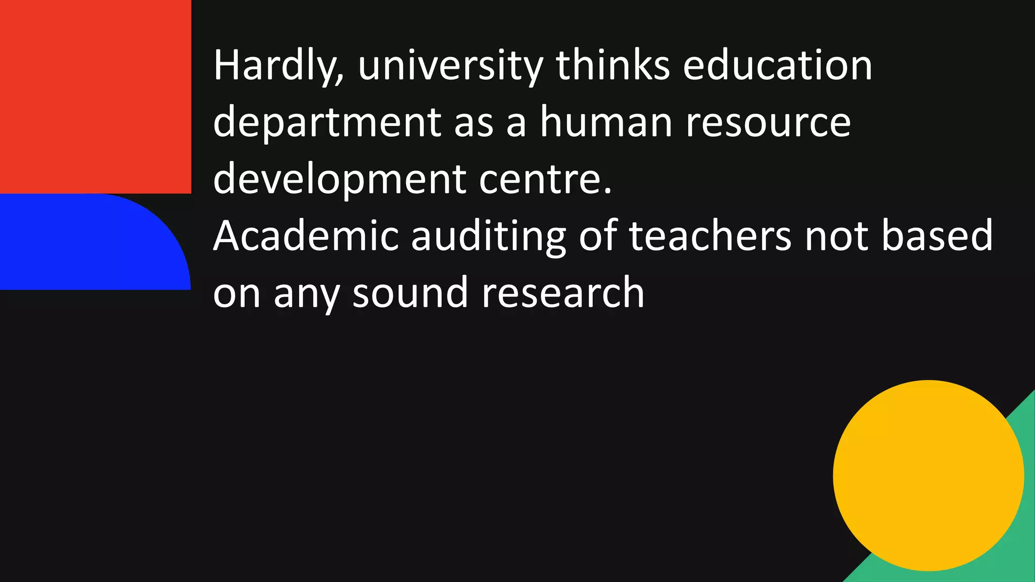 Hardly, university thinks education
department as a human resource
development centre.
Academic auditing of teachers not based
on any sound research
 