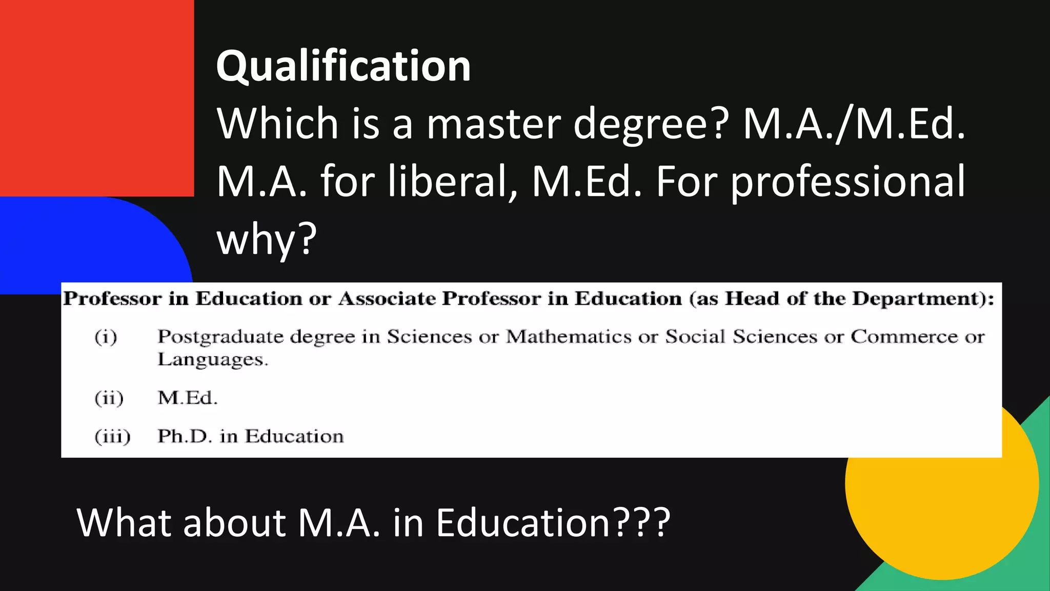 Qualification
Which is a master degree? M.A./M.Ed.
M.A. for liberal, M.Ed. For professional
why?
What about M.A. in Education???
 
