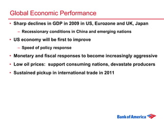 Global Economic Performance Sharp declines in GDP in 2009 in US, Eurozone and UK, Japan Recessionary conditions in China and emerging nations US economy will be first to improve Speed of policy response Monetary and fiscal responses to become increasingly aggressive Low oil prices:  support consuming nations, devastate producers Sustained pickup in international trade in 2011 