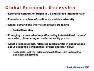Global Economic Recession Economic contraction began in US and spread internationally Financial crisis, loss of confidence and risk adversity Global demand and international trade are falling Capital flows slow Emerging nations adversely affected by industrialized nations’ recession, plummeting oil and commodity prices Asset prices plummet, reflecting radical shifts in expectations about economic performance, profits and cash flows Real estate—activity, prices and cash flows—are undergoing significant adjustment 