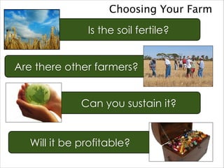 Choosing Your Farm
Is the soil fertile?
Are there other farmers?
Can you sustain it?
Will it be profitable?
 